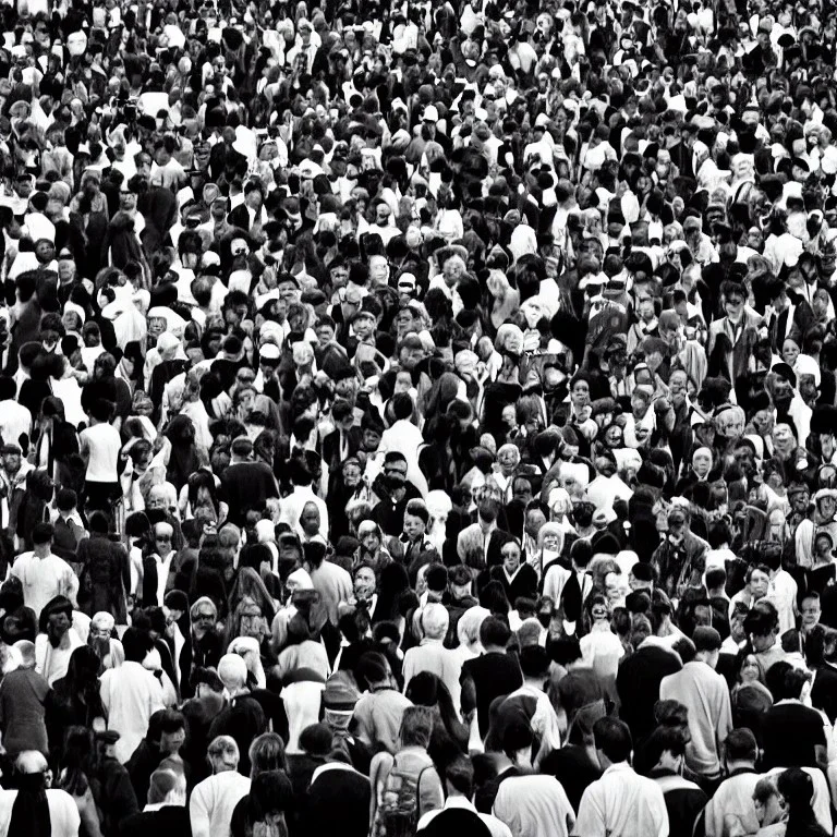 full colour man in black and white crowd,