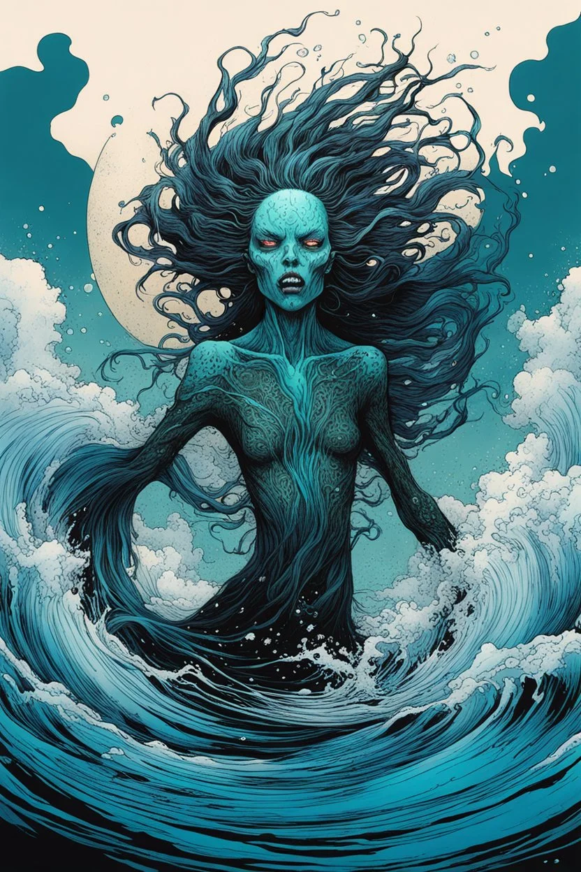 illustration of a drowned undead shape shifting female Funayurei water spirit in the style of Alex Pardee , Jean Giraud Moebius, and Katsushika Hokusai, highly detailed, boldly inked, deep murky aquatic color