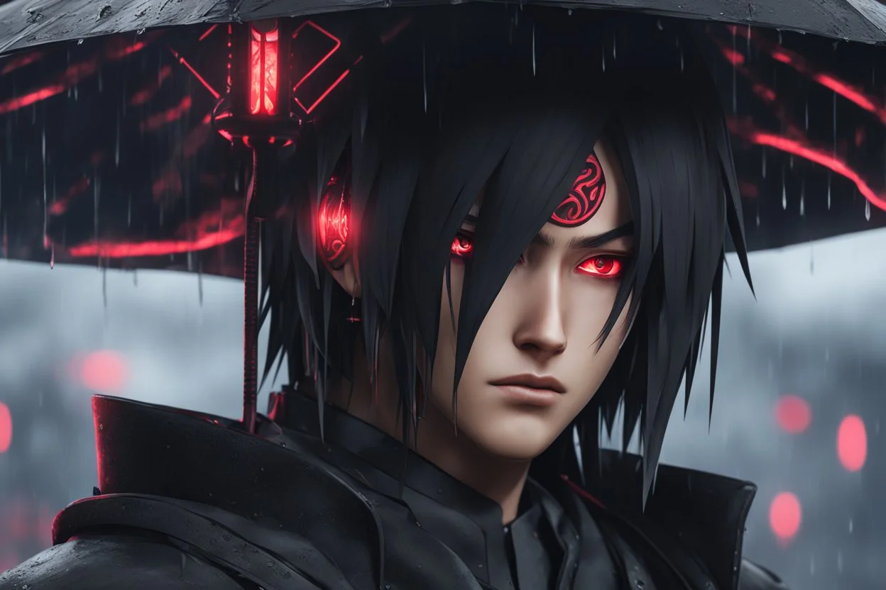 Itachi Uchiha in 8k nier automata artstyle, Uchiha Custom, neon effect, close picture, rain, fantasy world, intricate details, highly detailed, high details, detailed portrait, masterpiece,ultra detailed, ultra quality