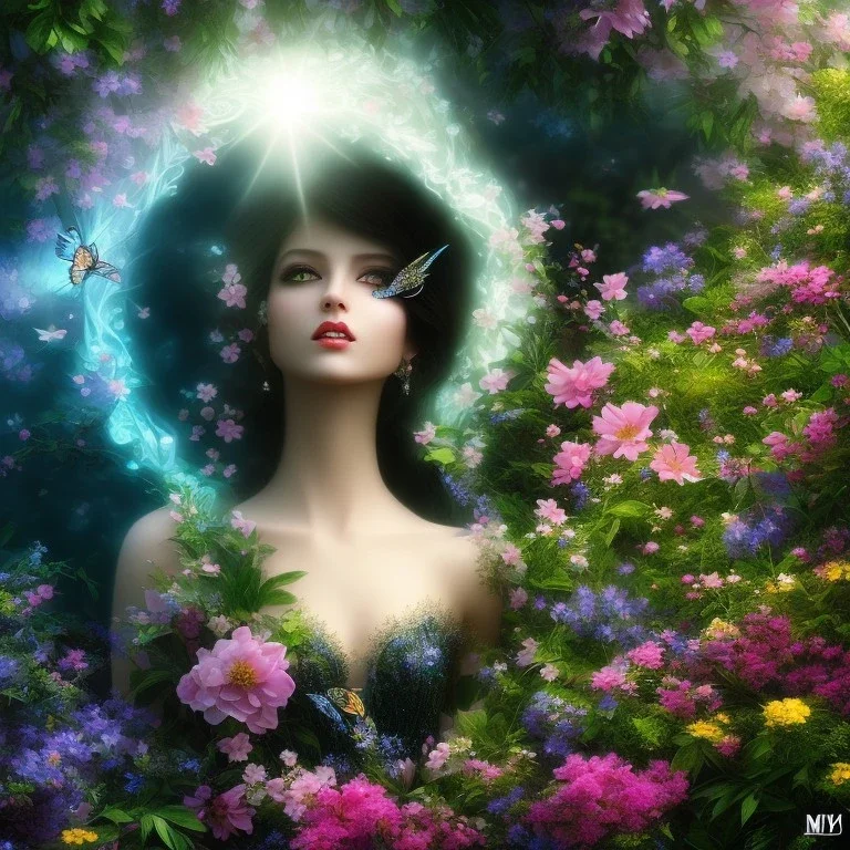 bright black fairy, beautiful portrait, flowery landscape