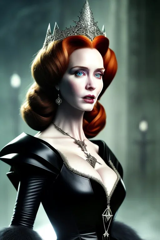 christina hendricks as evil queen in black leather gown , carried on a litter, angry, stern look, volumetric lighting, particales,highly detailed,cinematic, deep colours,8