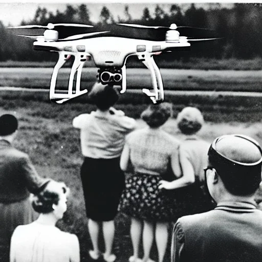 Old 1950s photo of people flying a drone