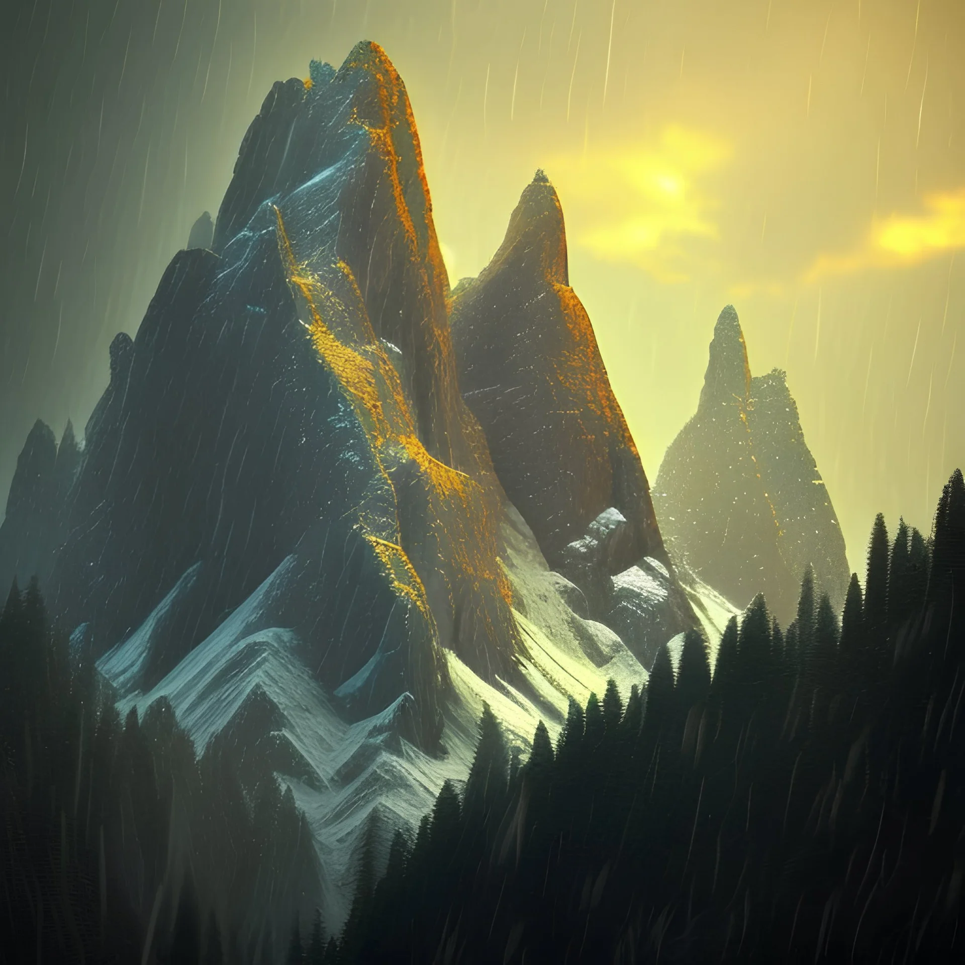 3d design of a mountain in the rain, close up view