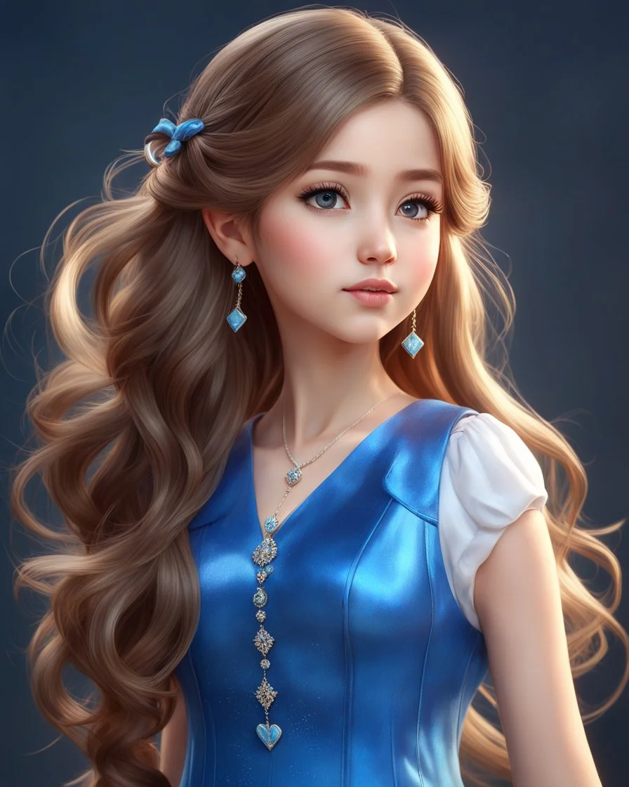 a girl with long hair wearing a blue dress, realistic cute girl painting, carlos ortega elizalde, beautiful character painting, kawaii realistic portrait, realistic anime 3 d style, realistic anime art style, realistic anime artstyle, photorealistic anime girl render, cute 3 d render, gorgeous 3d render, cg art, detailed realistic beautiful, photorealistic disney