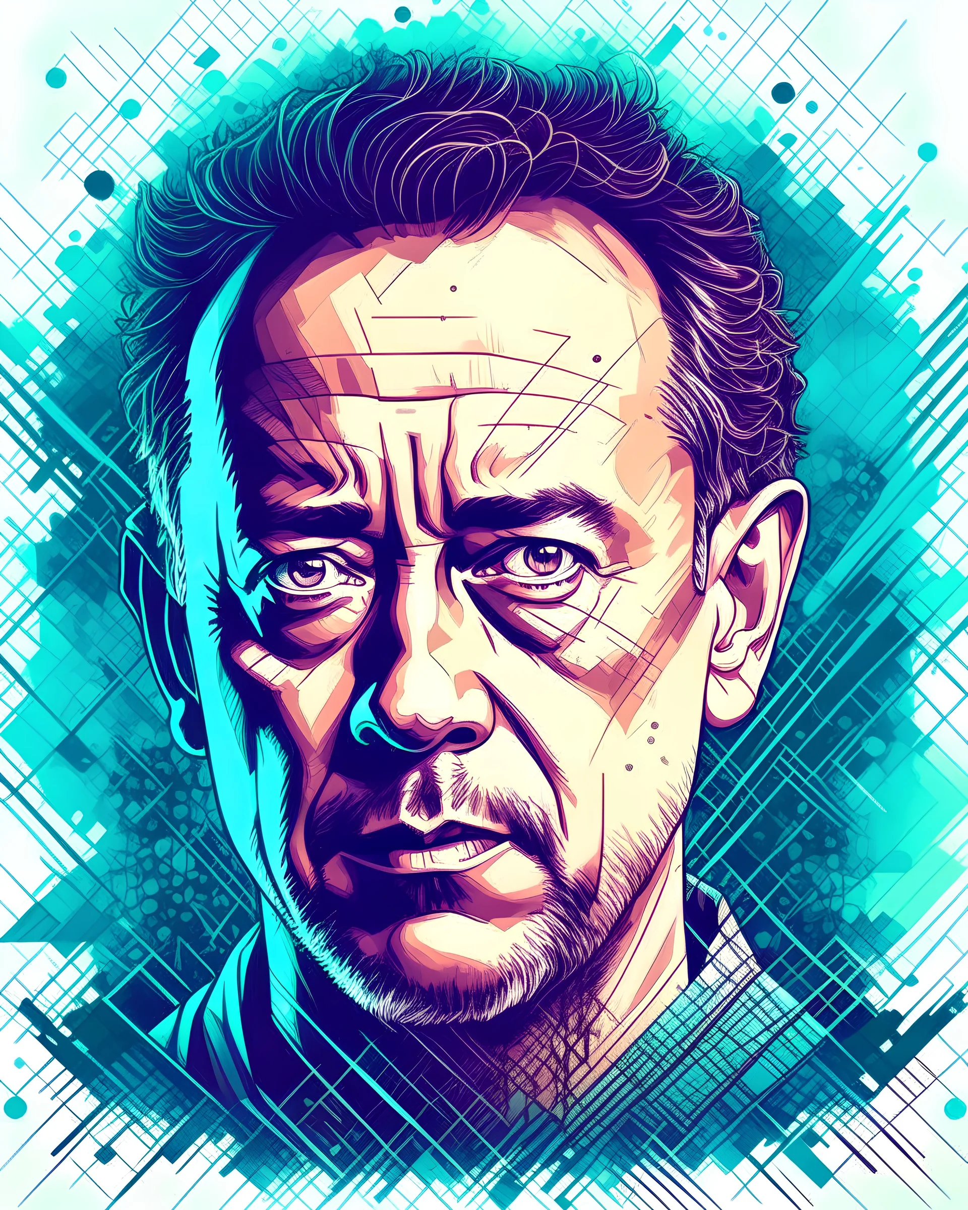 Tom Hanks | centered | symmetrical | concept art | key visual | intricate | highly detailed | iconic | precise lineart | vibrant | comprehensive cinematic | Carne Griffiths | Conrad Roset | Ralph Steadman | vector digital engraving | very high resolution | sharp focus | poster | no watermarks