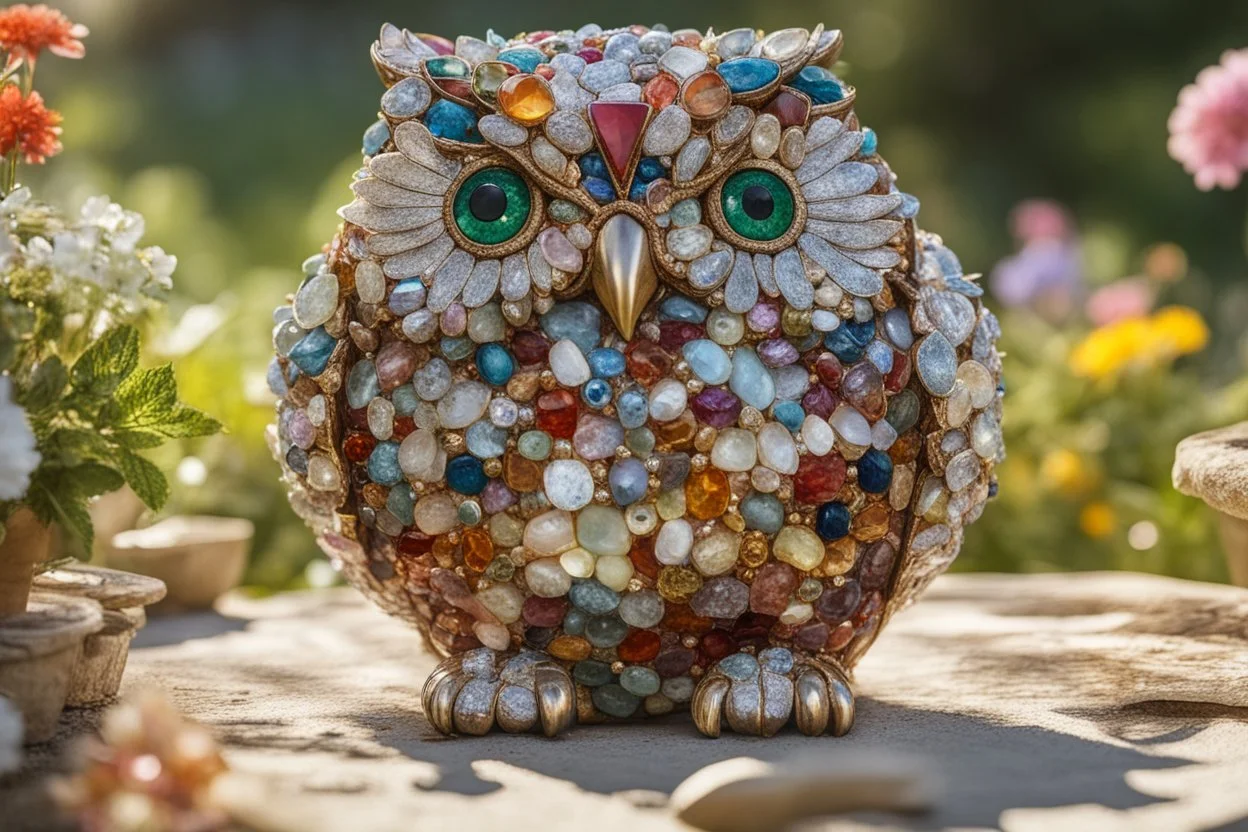 Owl made of gemstones and jewels in a flowergarden in sunshine