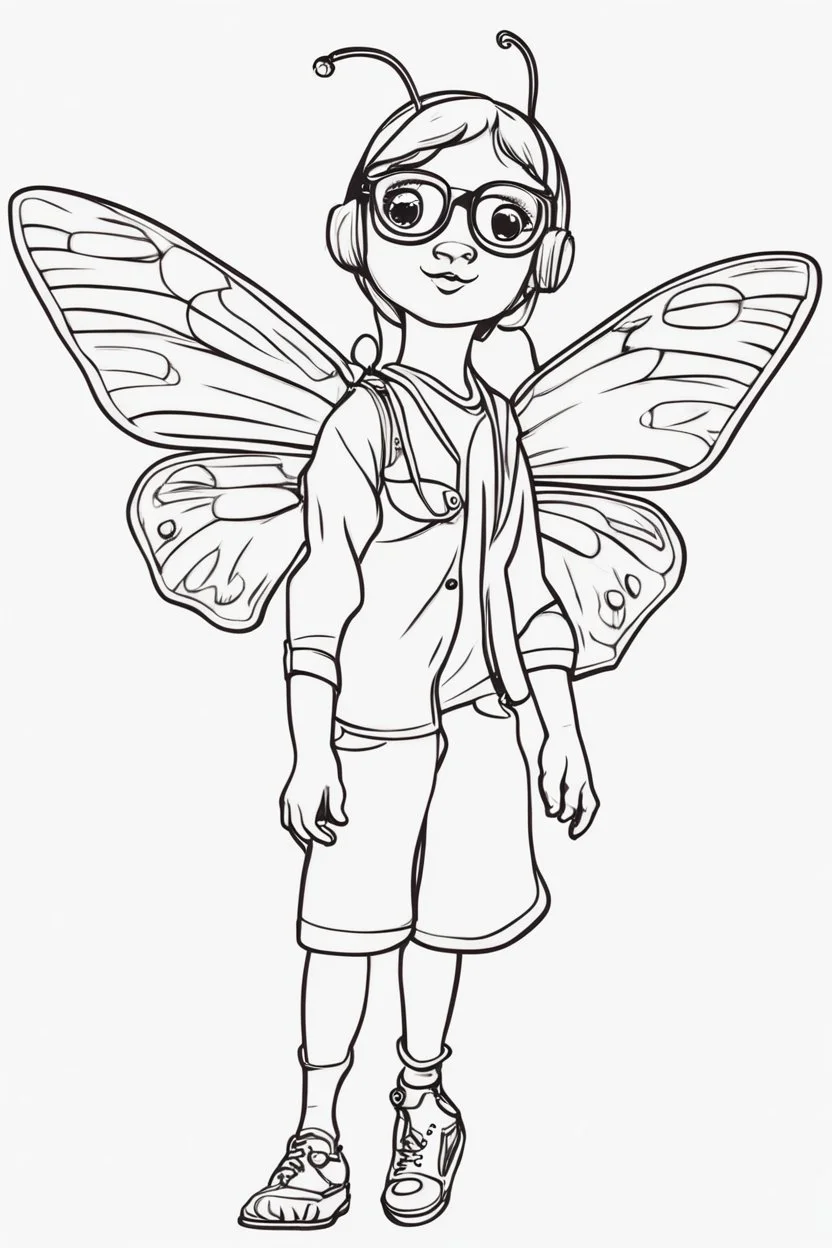 Outline art for cute coloring pages with insect butterfly with glasses, full body, white background, sketch style, only use outline, clean line art, no shadows and clear and well outlined.