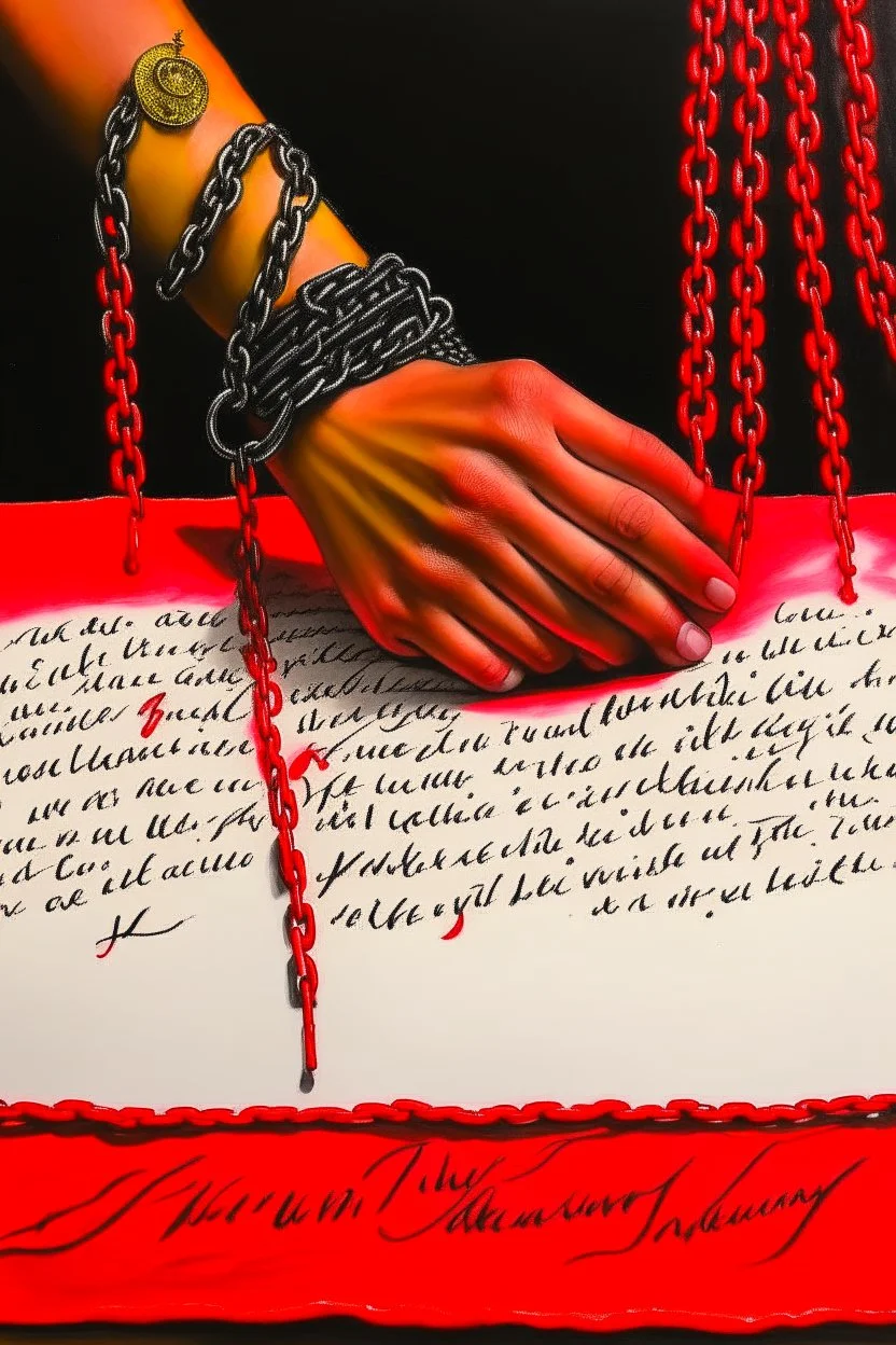 chained hand writing with a red fountain pen, mixed media of acrylic, watercolor, oil, gouache, and ink, by WLOP and Jermy Mann