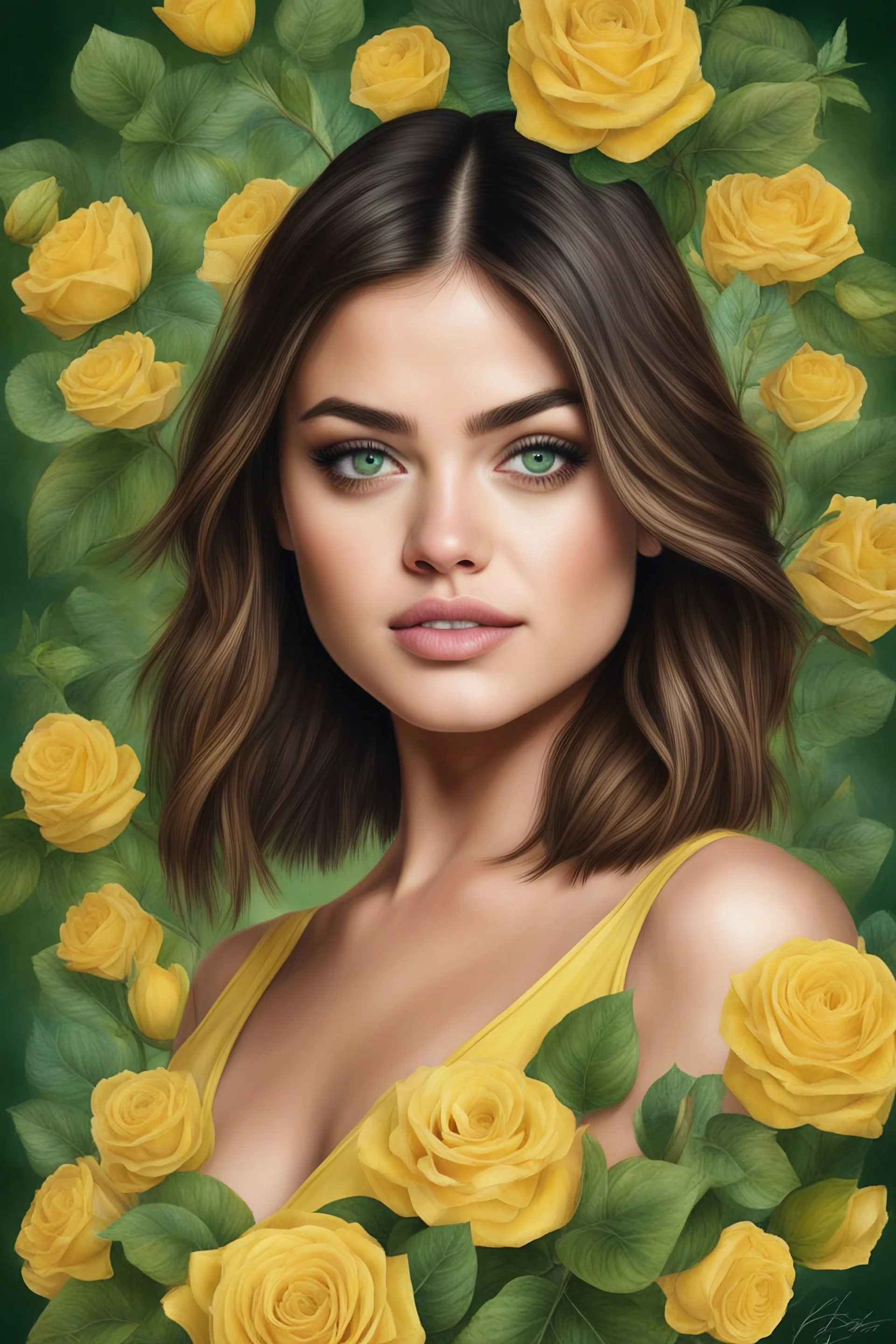 the Yellow Brick Road - head and shoulders portrait, Photorealistic, hyperrealism, Dazzling, Complex, dramatic, bold, attractive Lucy Hale, perfect, Athletic, toned body with tanned skin, perfectly formed body, Emerald City, extremely detailed, lipstick, eyeshadow, eyeliner, mascara, rouge