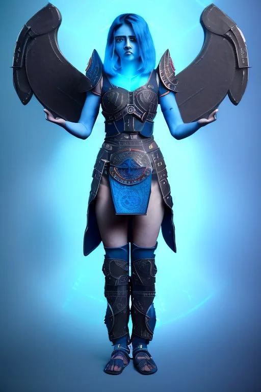 a person in runic armor with blue wings, blue short hair, runic tattoo and spell book