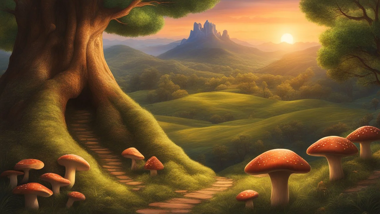A dreamy landscape with mushrooms and a old, huge tree in the center. Fantasy roads of light going towards the tree. The sun is going down behind the tree. Mountains in the background. Digital Art, Masterpiece. Fantasy. Dream. Dreamy. Surreal.