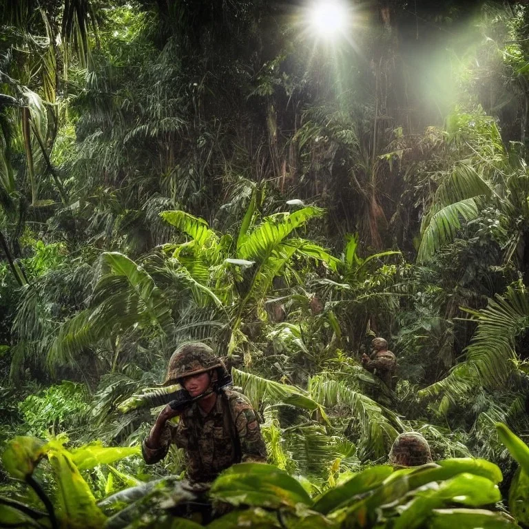 vietnam war. jungle. cd cover. bokeh. lens flare. warm lights. high detailed