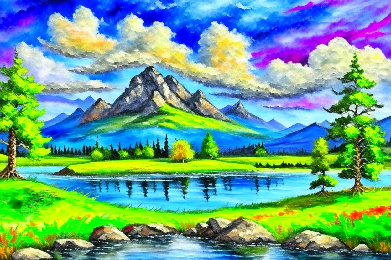 Clouds, mountains, tree, rocks, grass, lake, lake reflections, distant mountains, distant trees, impressionism painting