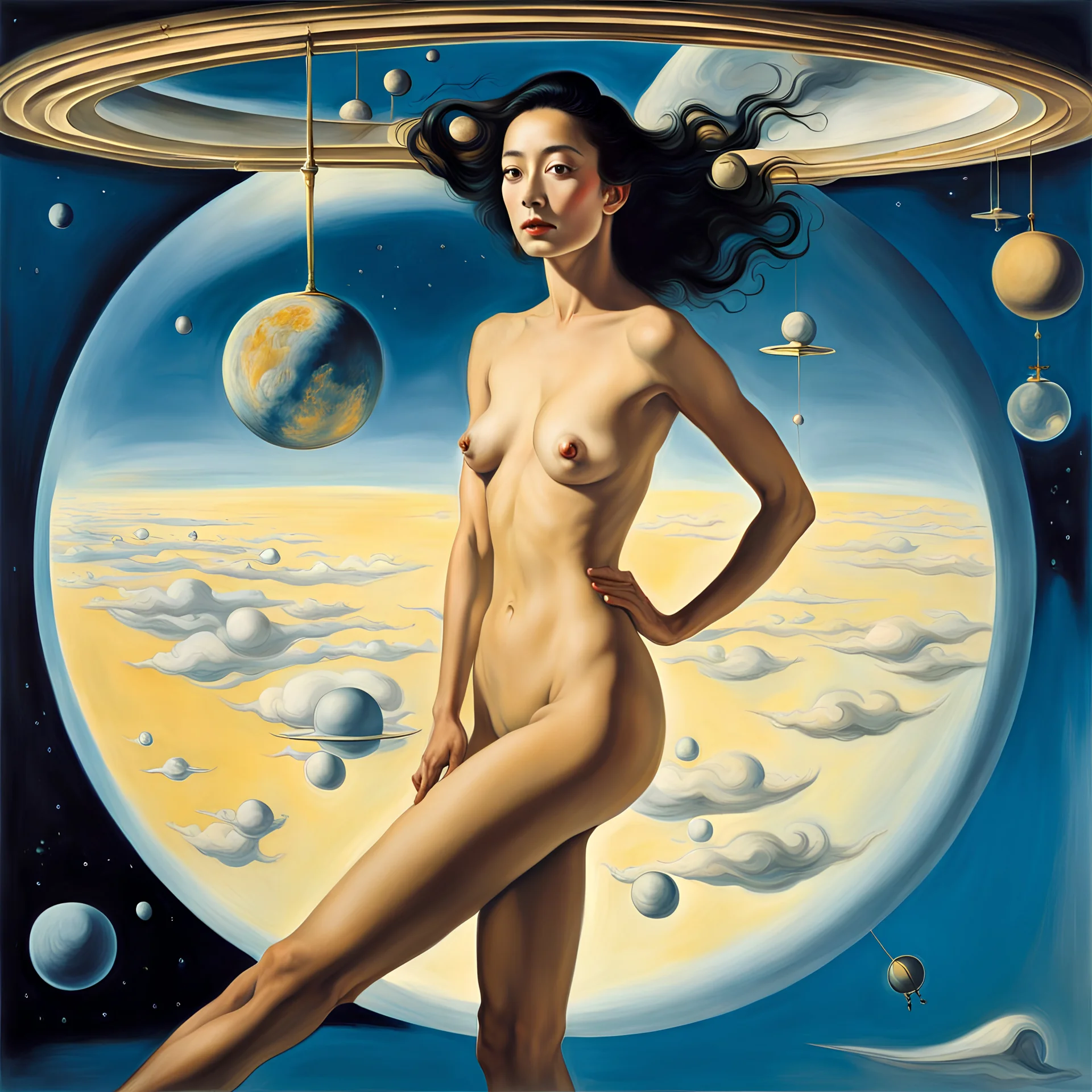 Art by Salvador Dali, my beautiful asian naturist wife floating in a zero gravity space station