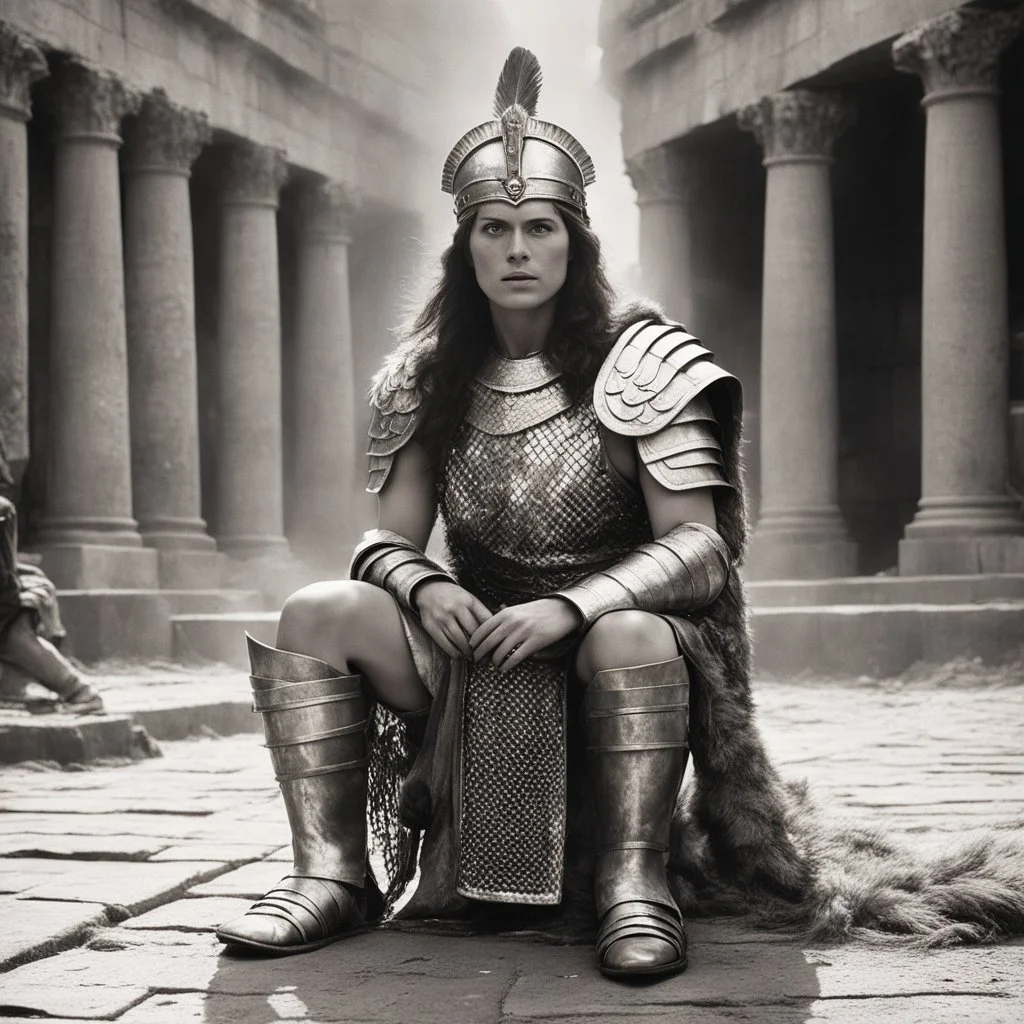 [vintage style noisy scratches glitches, Shot the texture and then rewound the film and double exposed the face] [old faded image of a woman Roman legionary crouching in sandal tall amidst the chaos of the Roman celebration. Clad in gleaming chainmail, a majestic plume in hairs, she exudes an aura of strength and determination that sets her apartaround herstraw-covered ground, demonic, satanic,] Retrofuturism: Where Yesterday’s Tomorrow Still Shines