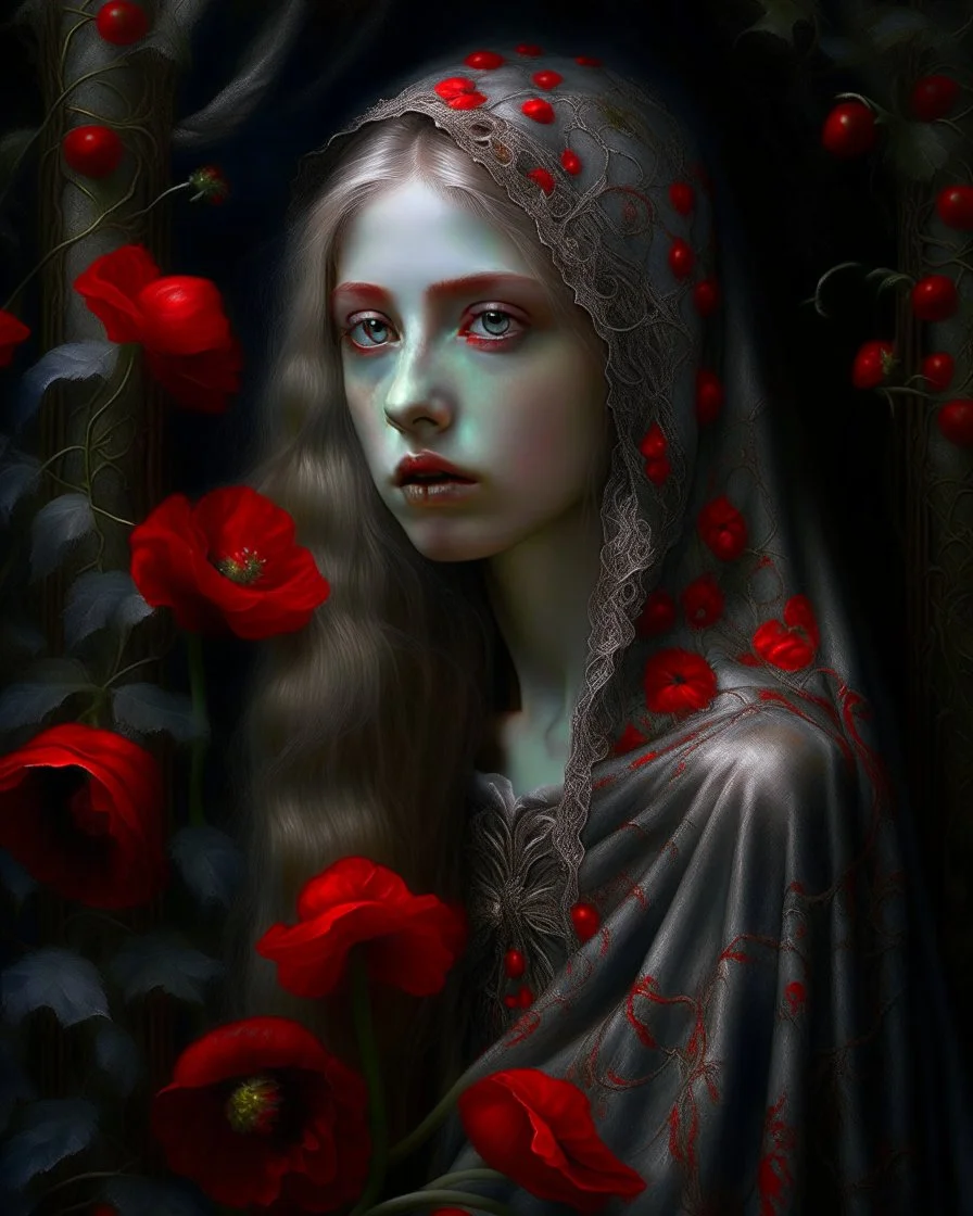 Pre-Raphaelite, chiaroscuro visibly textured oil painting young, Ultra-realistic, hyperrealistic, ethereal and naturally beautiful, alluring young Hyperrealistic Octane render of a mystical maiden cloaked in a translucent veil embroidered with crimson poppies and ash-gray vines, glowing softly. Dark enchanted garden in background, delicate silver thread, whimsical textures, surreal post-impressionist impasto acrylic layer cinematic shadows and maximalist. intricately detailed