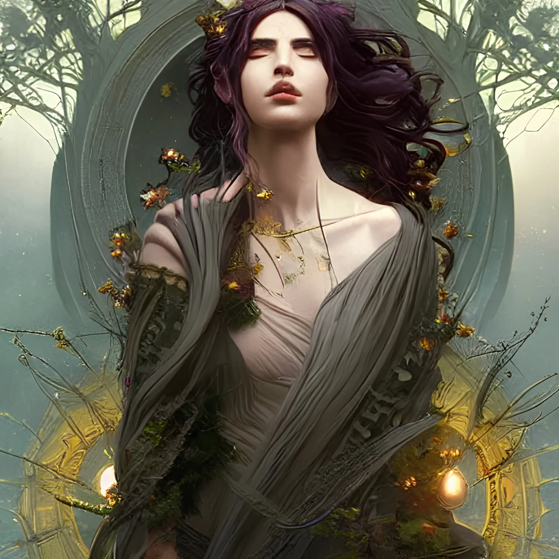 a beautiful cinematic female druid goddess, galatic shamen with Quantum energy fantasy, fantasy magic, undercut hairstyle, dark light night, intricate, elegant, sharp focus, illustration, highly detailed, digital painting, concept art, matte, art by WLOP and Artgerm and Greg Rutkowski and Alphonse Mucha, masterpiece