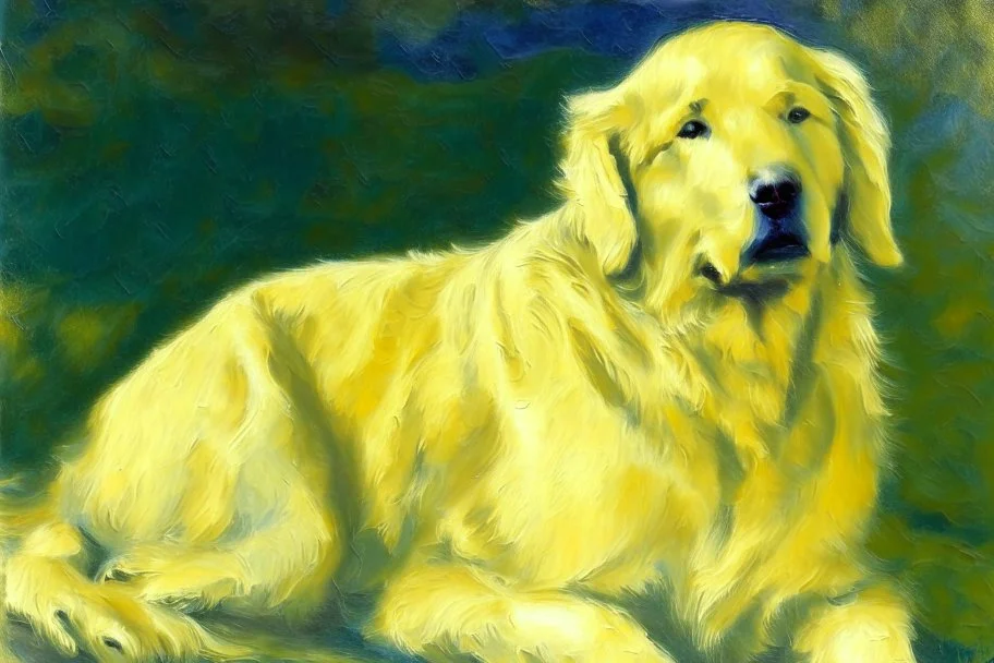 Golden retriever, impressionist oil on canvas by Paul Cézanne, 1887, broad brushstrokes, canvas relief
