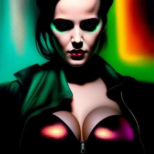 portrait oil on canvas, beautiful punk busty female Cyborg, looking to viewer, sad green eyes, post-apocalyptic in a cyberpunk city,minimal skintight suit, blade runner, comic book cover, mystical colors, neon, insanely detailed,realistic,intrincate detail, 16k resolution, masterpiece, Adam hughes