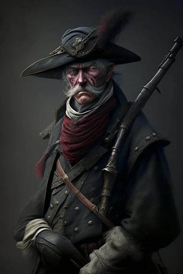 70 years old victorian bloodborne soldier with a musket, bandana and scally cap