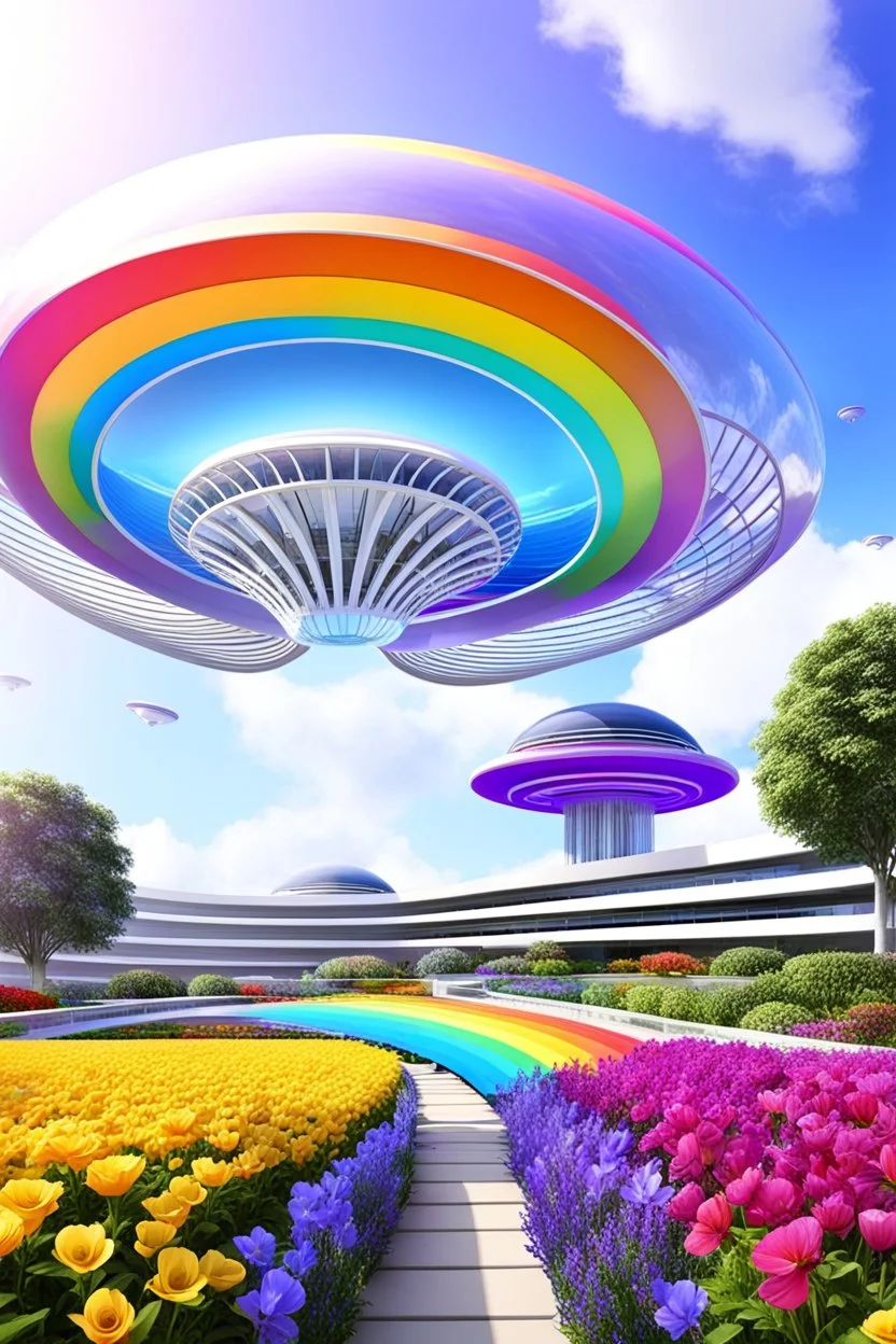 colors, very beautiful, ,flowers, garden,rainbow, cité futuriste ultra moderne, ufos