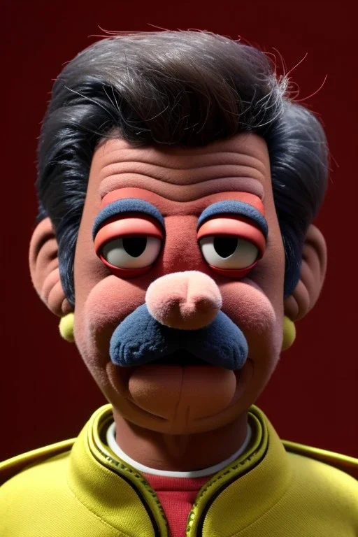 Waist up muppet Portrait, Nicolas maduro us muppet doll, black hair, Venezuelan president, red tracksuit, mustache, photo studio, yellow background, unreal engine 5, concept art, art station, ray tracing, lumen lighting, ultra detail, volumetric lighting, 3d.