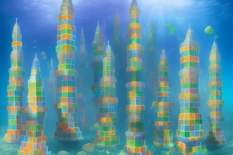 One mile tall underwater plastic city Towers made out of stacked Rubik's Cubes, Orange, white, blue, green. Jewel tones