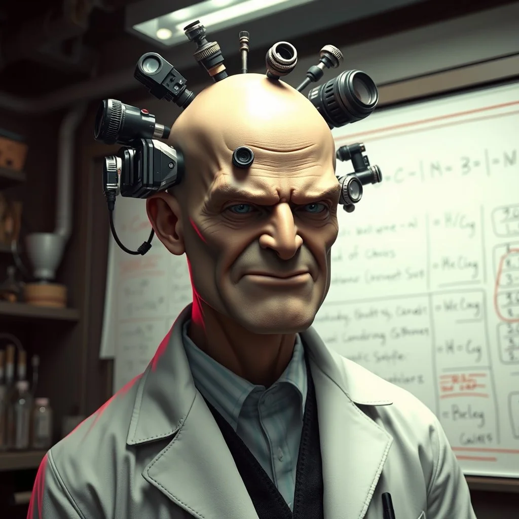 CGI gritty superhero movie still, fantastical Portrait of a smug super-villain in a lab-coat, extended bulbous frontal lobe bald head with a several different sized futuristic tech devices implanted randomly in his oblong head, super-villain, surreal, Marvel aesthetic, background is a mad-scientist's lab with formulae scrawled on a giant white-board