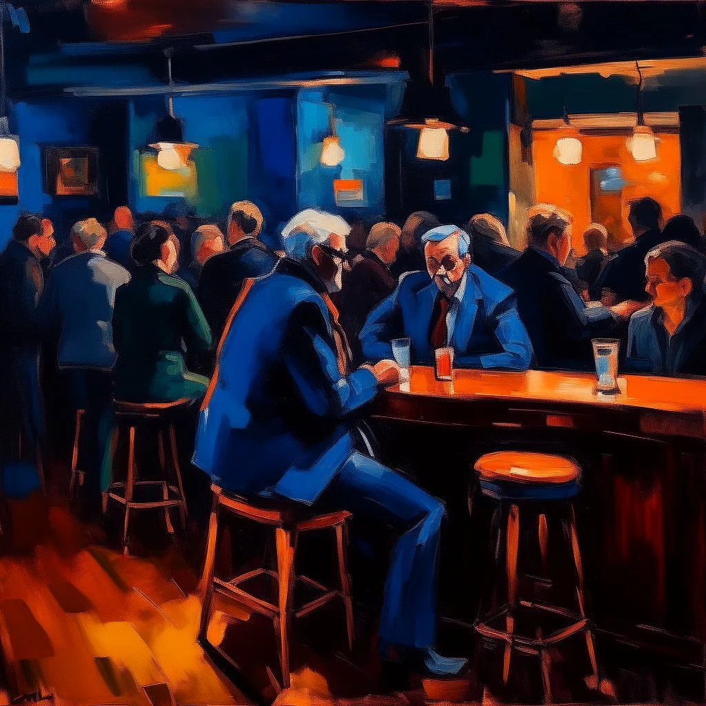 a single figure in a crowded bar at night, dark colors, impressionist style