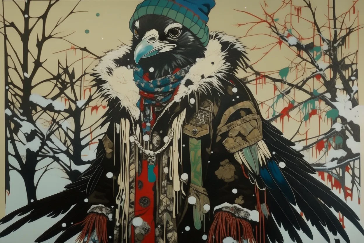 A contemporary serigraphy portrait by Kunisada of a crow adorned in a punk leather jacket within a snowy Christmas atmosphere.