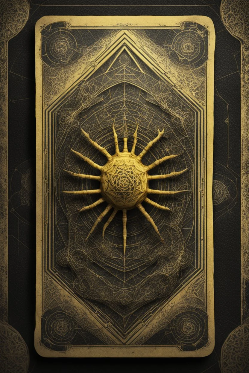 sacred geometry framed playing card on parchment, black and yellow spider relief with shadows boss card in the style of Giger and fallout 4 ,,bokeh like f/0.8, tilt-shift lens 8k, high detail, smooth render, down-light, unreal engine