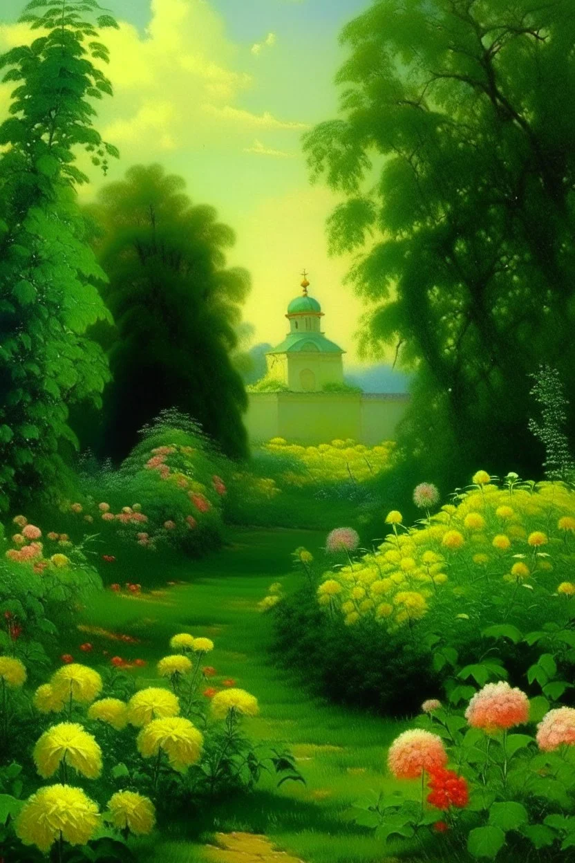 A lime green garden with beautiful flowers painted by Ivan Aivazovsky