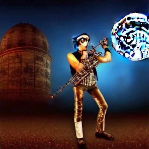 cyborg one man band, instruments, full moon background center large, steampunk style, 3d, hd