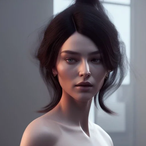 mysterious beautiful woman with long dark brown hair holding scissors behind her back turning to face the viewer, digital art, octane render, redshift render,ambient lighting