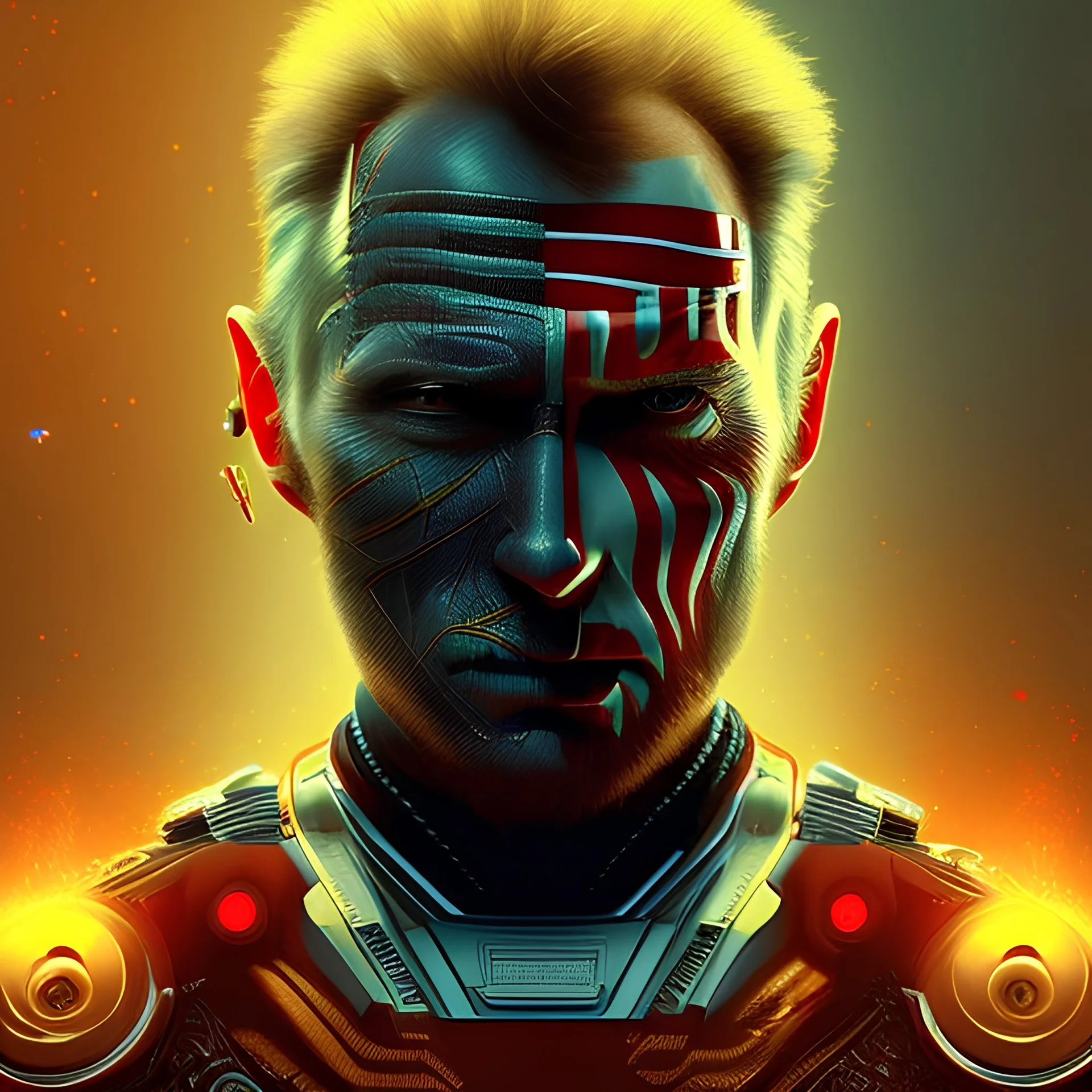 Strong, clint Eastwood , head shave, army, retro futurist, red, orange, yellow, neon, insanely detailed, 16k resolution, perfect eyes, cinematic smooth, intricate detail