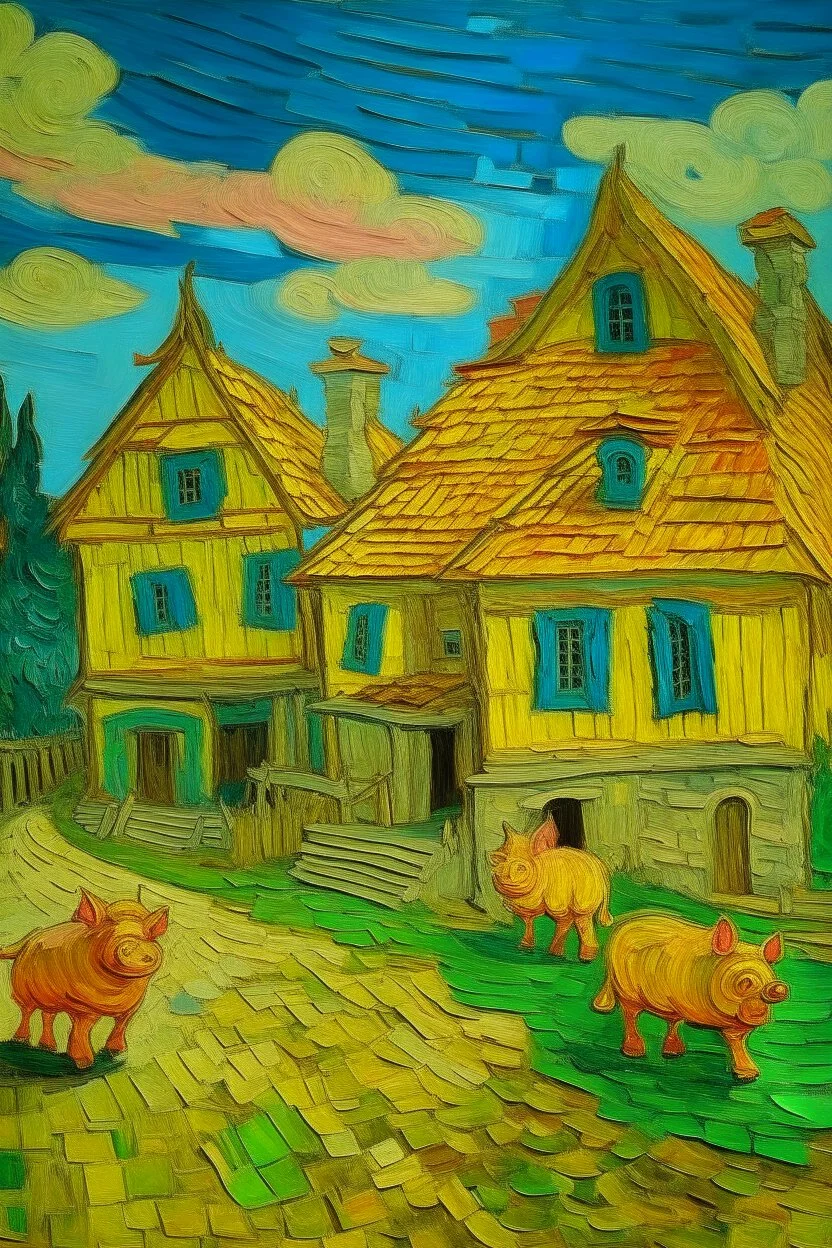 cuento "LOS TRES CERDITOS", imagen de la escena principal, construyendo las tres casas. con un estilo Vincent van Gogh