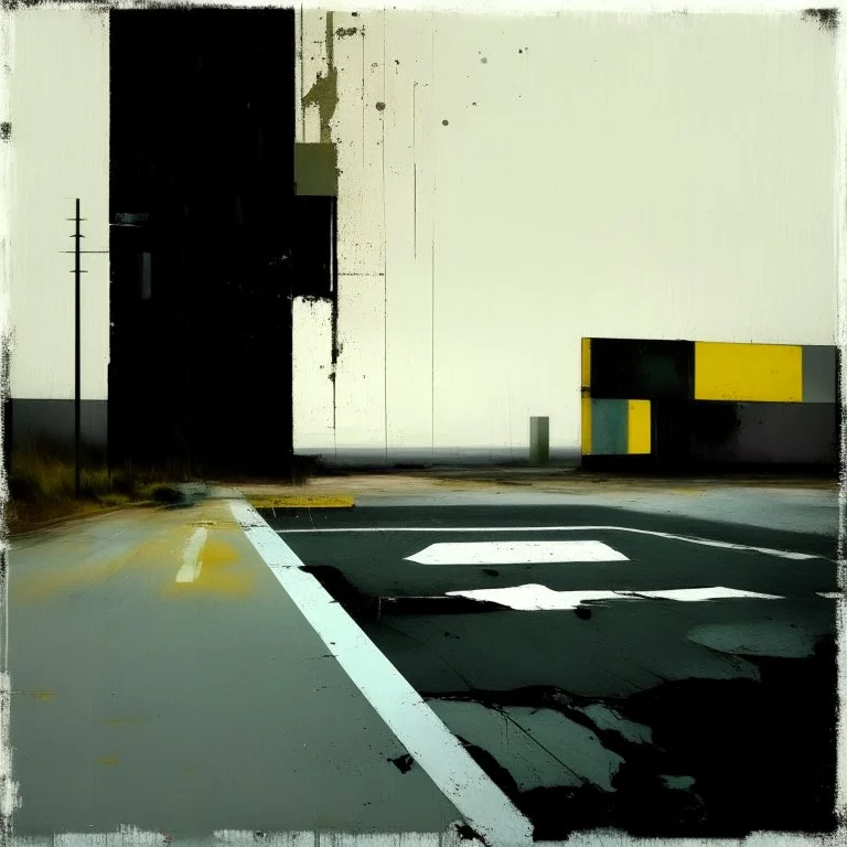 Minimal contemporary abstract oil paintings of a dirty desolate 1960s carpark with road markings and concrete fragments. style of Justin Mortimer and Francis Bacon.