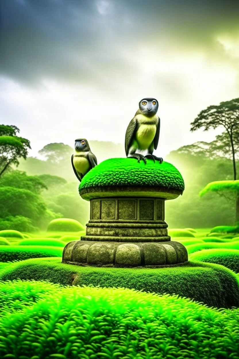 big birds and a monkey on a camo ufo on stone pillars in the middle of brazilian jungle, terror from the deep creatures, crashlanding, depth of field, light rays, mist