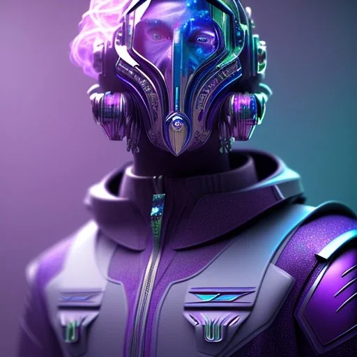 purple galaxy masked villain, futuristic, teal and purple smoke, full portrait, hyper realistic, 4k