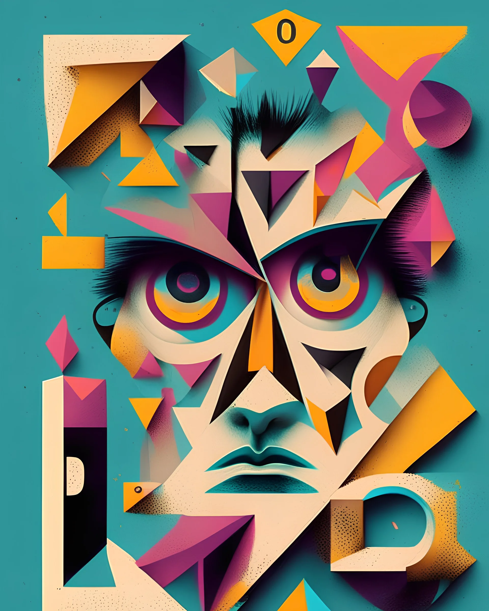 geometry abstract ,2d , soft colors, Malevic style, dark, typographic character ELVIS and "BIG EYES"