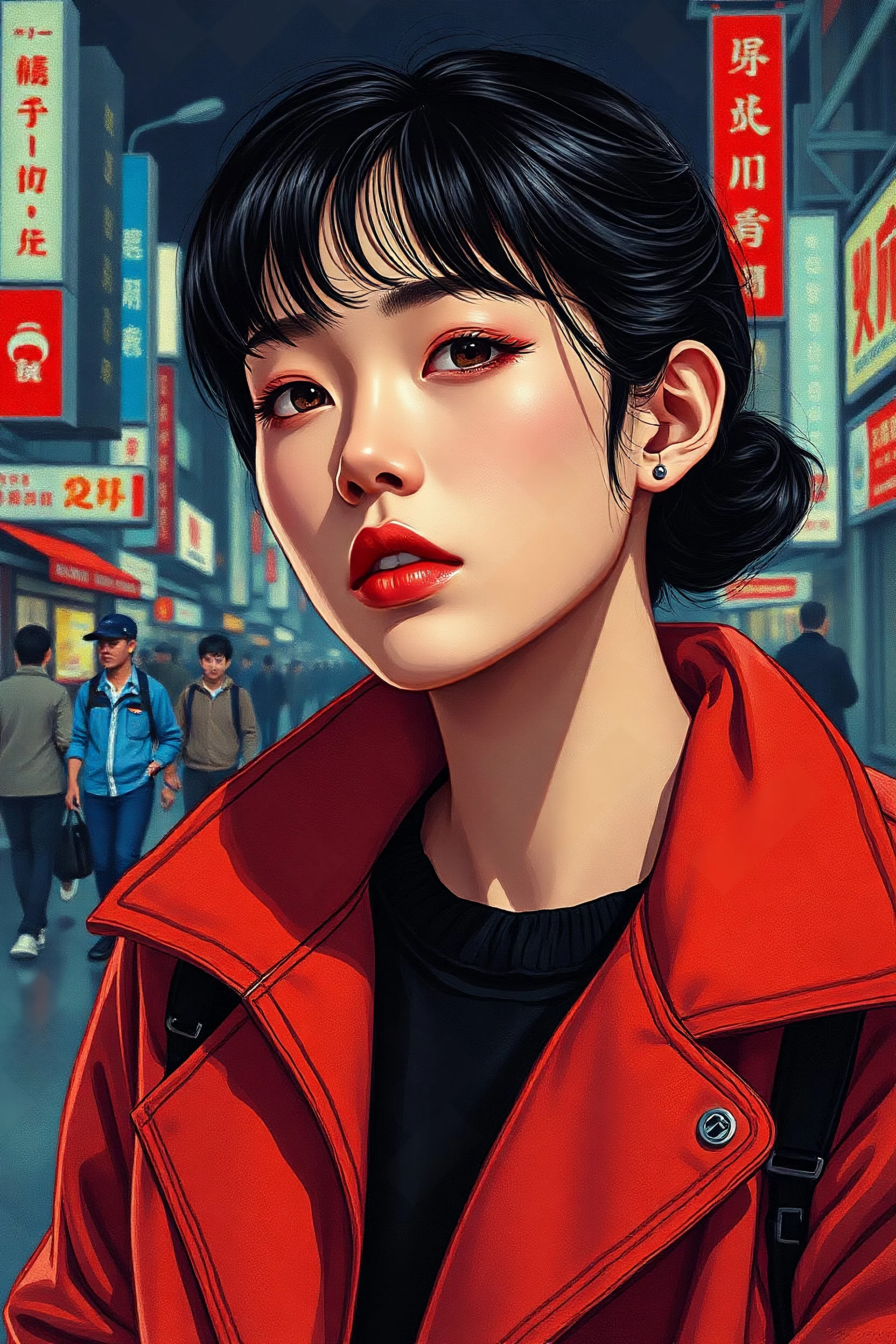Fine Art Portrait by Ilya Kuvshinov, Pointillism, Detailed Character Illustrations, pattern-based painting, depictions of urban life, richly detailed genre paintings, Trending on artstation, Trending on MidJourney, Award Winning, Timeless art work, Masterpiece, Genius, Worldclass, Extra ordinary, Aesthetic, Beautiful, Stunning, Brilliant, cinematic, Dynamic, Cinematic lighting, inspirational, 4K resolution, 8K resolution, Artstation HD, Artstation HQ, Vivid, Vibrant, Ultra detailed, Octane rende
