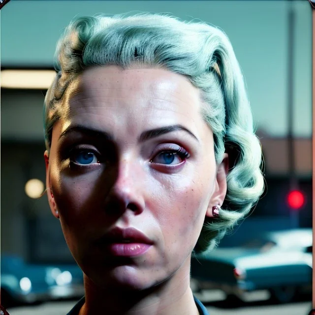 Ultra Realistic retro sci-fi movie Supermarket parking people scene, 1960 year, waist up view portrait, 1 blonde women and 1 octopus alien, sweet scarlet Johansson face, perfect iris, glow eyes, face makeup, tight latex coat. many people looking, Retro sci-fi style, soft color, highly detailed, unreal engine 5, ray tracing, RTX, lumen lighting, ultra detail, volumetric lighting, 3d, finely drawn, high definition, high resolution.