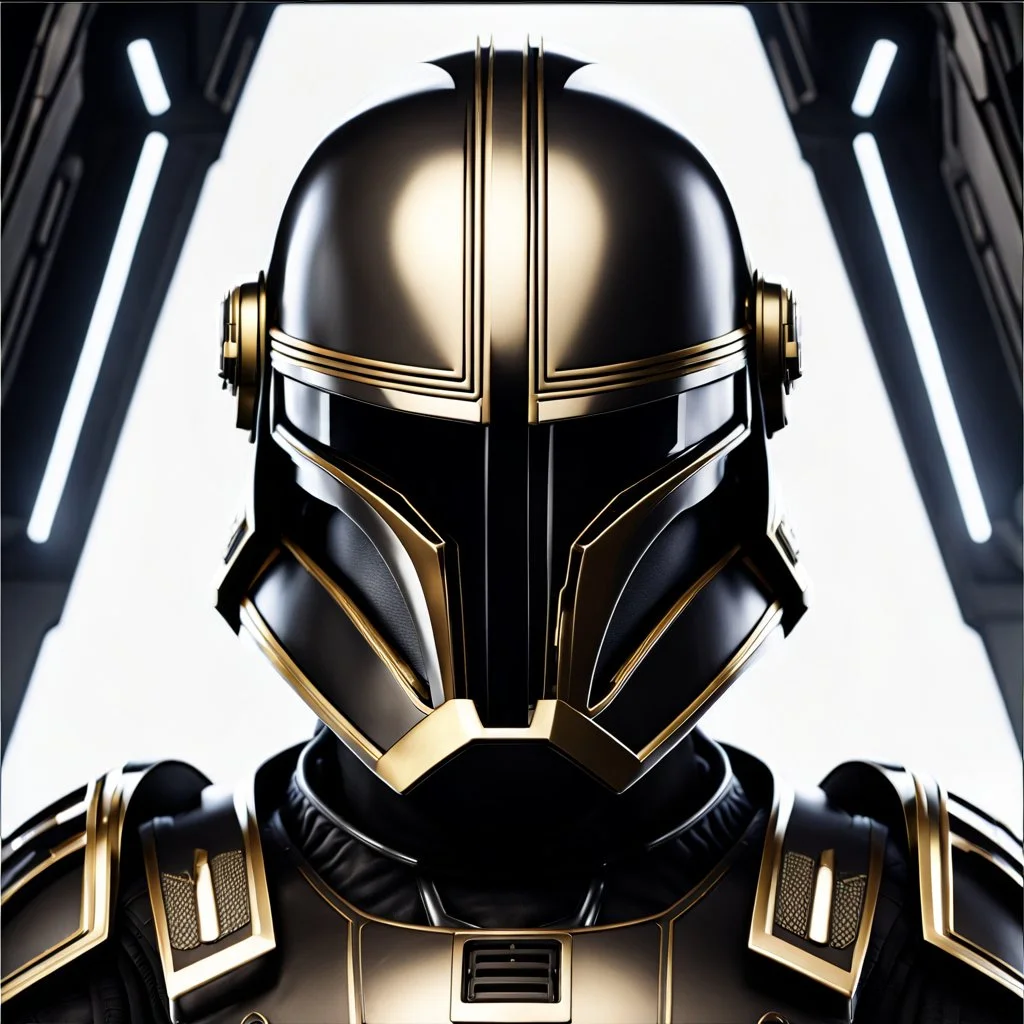 star wars bald male corellian pilot wearing pearlescent black and gunmetal grey First Order special forces heavy assault armor and helmet with gold trim inside the jedi temple, centered portrait, hyperdetailed, dynamic lighting, hyperdetailed background, 8k resolution, volumetric lighting, light skin, fully symmetric details