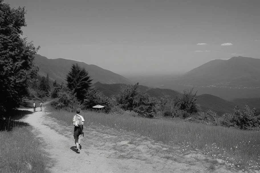 walking along a path that winds towards the top of a mountain, it is summer, photography taken with a Leica camera and 50mm lens, real photography in black and white, nostalgia