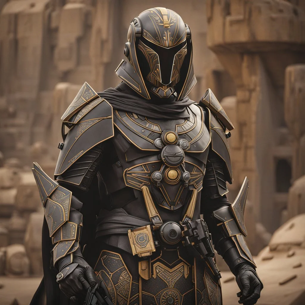 star wars bald male corellian pilot wearing pearlescent black and gunmetal grey First Order special forces heavy assault armor and helmet with gold trim inside the jedi temple, centered portrait, hyperdetailed, dynamic lighting, hyperdetailed background, 8k resolution, volumetric lighting, light skin, fully symmetric details