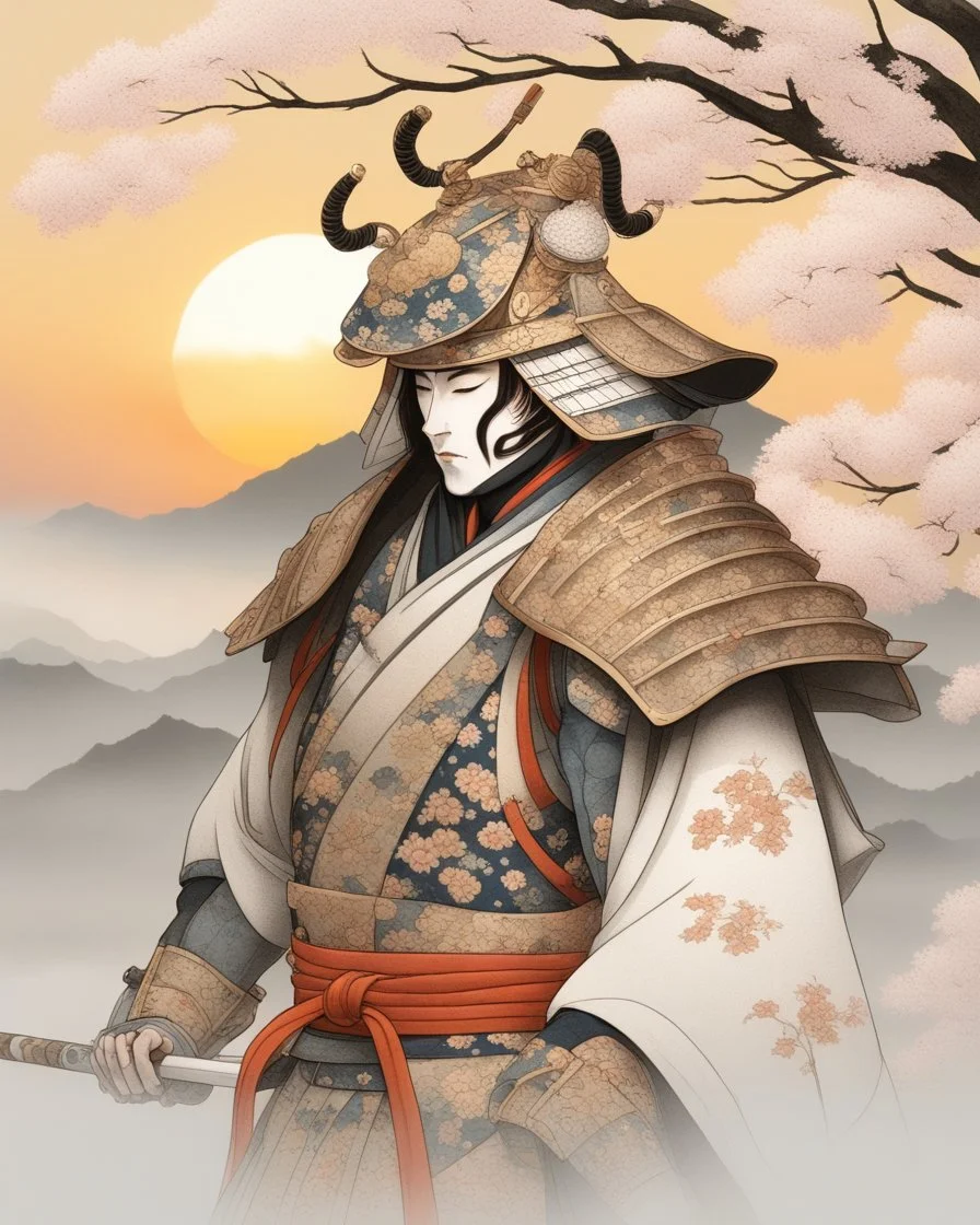 Fascinating portrait of male samurai in exquisite ukiyo-e porcelain armor, adorned with delicate floral motifs, harmonious combination of soft whites and earthy tones, powerful pose, with samurai helmet, imposing presence accentuated by the grip of a magnificent white porcelain katana . Ukiyo-e inspired landscape, golden sunset and Sakura trees create a captivating cinematic atmosphere