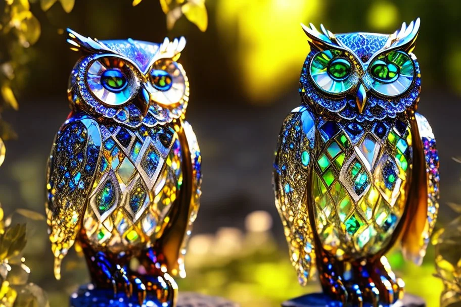 Coloured glass owl set with gemstones, glittering metal and gemstone parts in garden sharp focus elegant extremely detailed intricate very attractive beautiful dynamic lighting fantastic view crisp quality exquisite detail in the sunshine gems and jewels