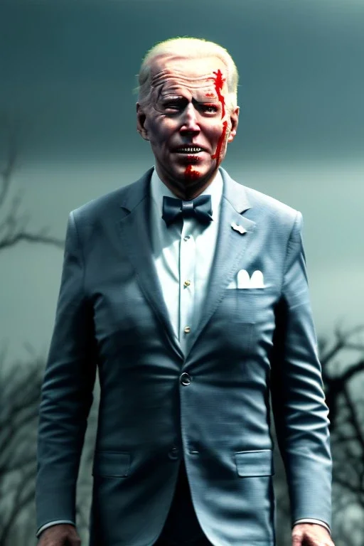 Ultra realistic image, joe biden zombie, zombie performance, suit, skull, blood, torn arm, night, walking twisted, waist up view, thriller style, dark ambient, highly detailed, White House background, concept art, unreal engine 5, god rays, ray tracing, RTX, focal lighting, ultra detail, volumetric lighting, 3d, finely drawn, high definition, high resolution.