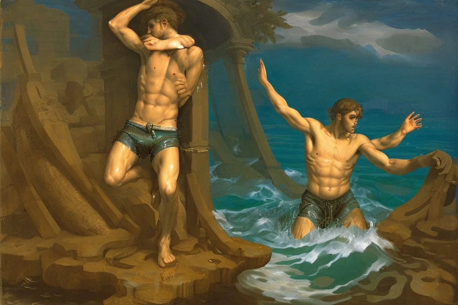 man in camo swim in deep water by andrea del sarto