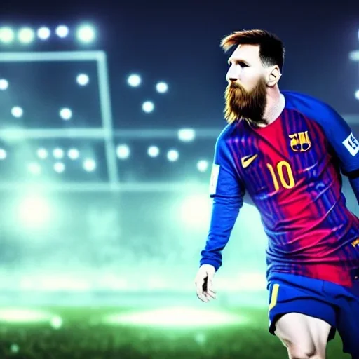 Portrait, Messi wins the World Cup, on a soccer field, realistic and intricate detail, sci-fi style, volumetric lighting, particles, high detail, cinematic, depth